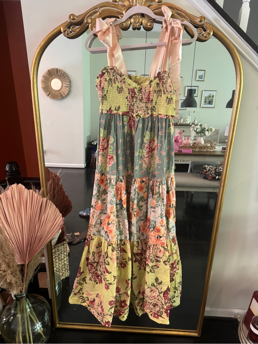Free People Bluebell Maxi Floral Tiered Dress in Green, Pink, Yellow